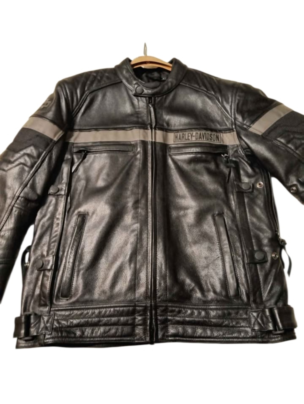 Harley-Davidson Black Leather Bomber Jacket with Gray Stripe